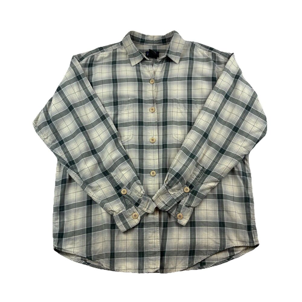 Patagonia A/C Button Up Shirt Womens M Gray Beige Plaid Long Sleeve Pockets